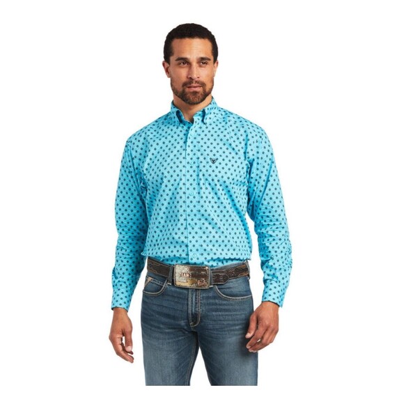 Ariat MEN'S Classic Fit‎ Shirt Wrinkle Free L Teal Navy Dry Cleaned Plaid Cuff - Picture 1 of 8